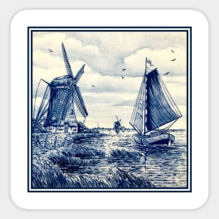 Dutch Blue Delft Windmills and Sailboat Sticker